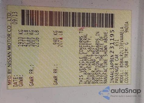 2014 Nissan Altima 2.5 S z USA, uszkodzony, nr VIN 1N4AL3AP9EN231195